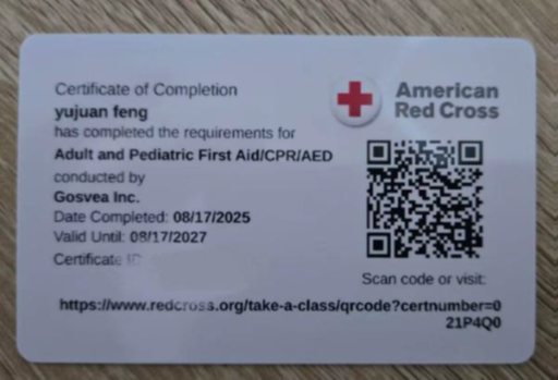 American Red Cross Adult and Pediatric First Aid CPR AED certificate for Cindy Feng