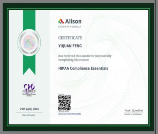 Alison HIPAA Compliance Essentials certificate awarded to Cindy Feng